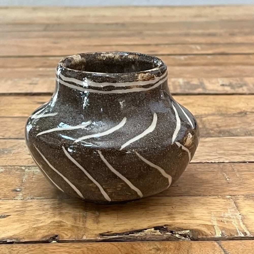 Vtg Art Studio Pottery Bud Vase 3.5" Rustic Dark Brown Glaze Diagonal Stripes